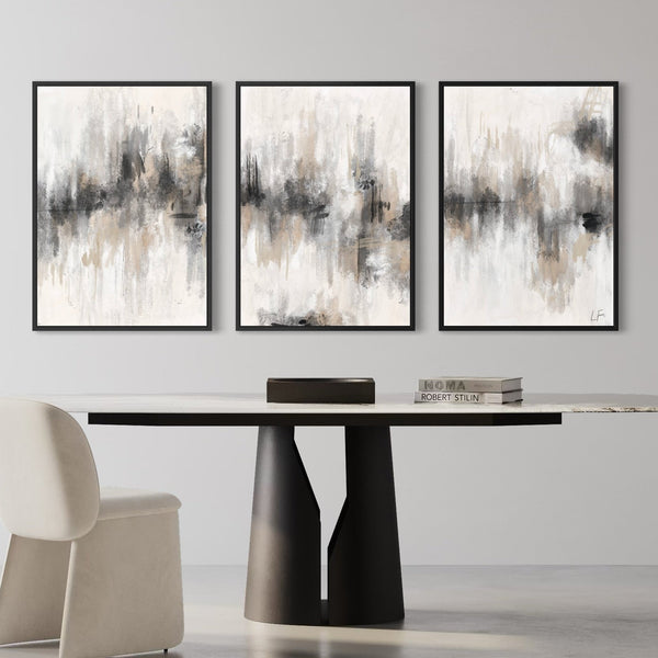 Modern Abstract Wall Art Styled With A Sculptural Black Pedestal Table, Cream Upholstered Chair, And Neutral Decor Books. Perfect For A Contemporary Dining Space.