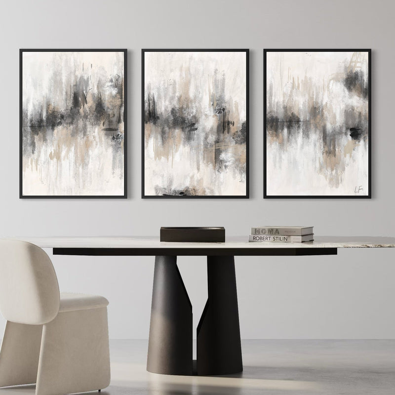 Modern Abstract Wall Art Styled With A Sculptural Black Pedestal Table, Cream Upholstered Chair, And Neutral Decor Books. Perfect For A Contemporary Dining Space.