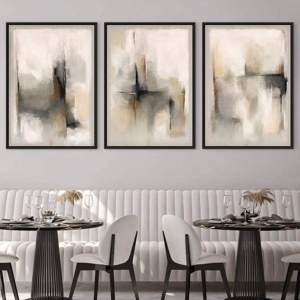 Neutral Luxe Abstract Style Wall Art Styled With Cream Channel-Back Seating, Marble Bistro Tables, And Elegant Dining Decor. Perfect For A Contemporary Dining Space.