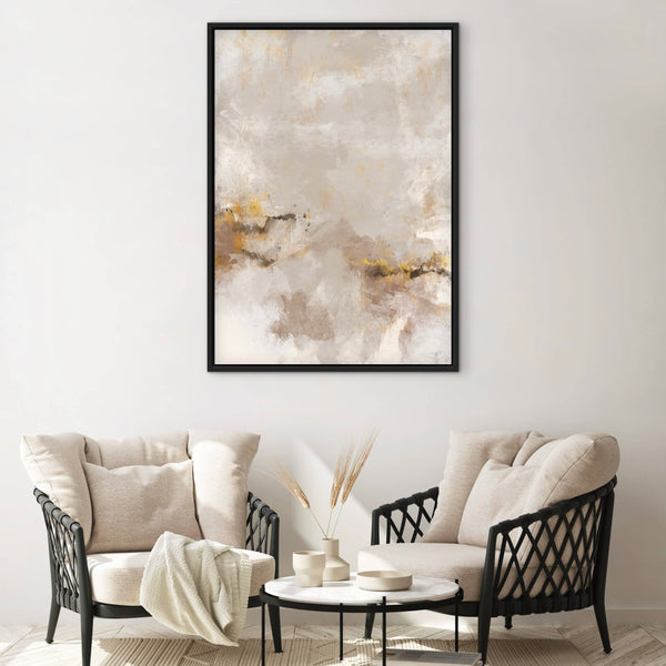 Neutral Luxe Abstract Art Decor Styled With Cream Cushioned Lounge Chairs, A Round Marble Coffee Table, And Soft Neutral Decor. Perfect For A Contemporary Living Room.