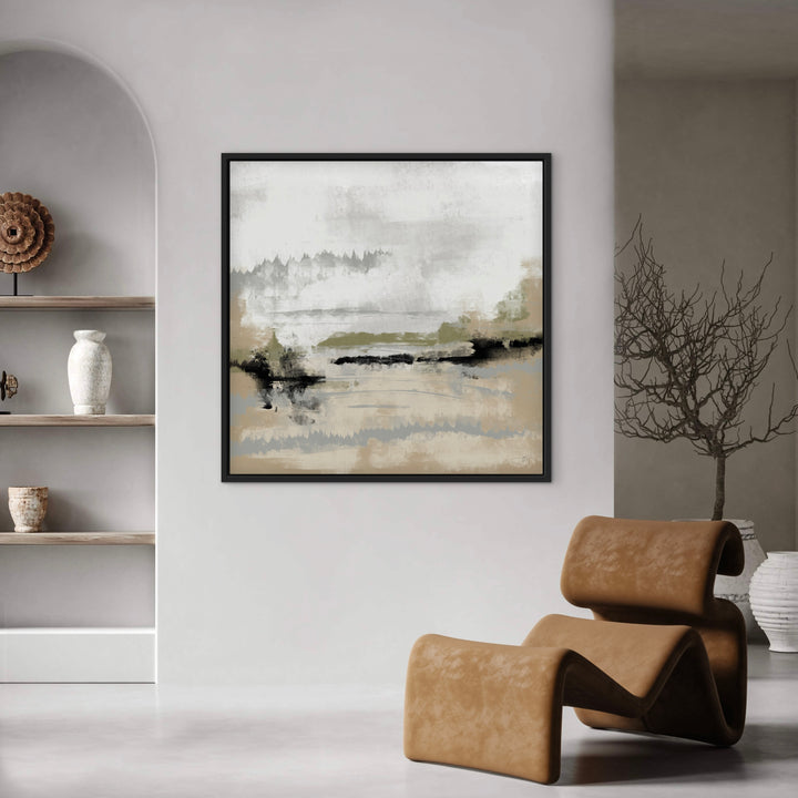 Calm Modern Abstract Art Decor Styled With A Sculptural Camel Lounge Chair, Built-In Display Shelves, And Neutral Ceramic Decor. Perfect For A Contemporary Living Room.