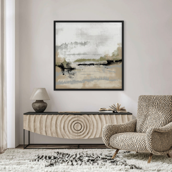 Calm Modern Abstract Art Decor Styled With A Textured Patterned Lounge Chair, Curved Wood Console, And A Soft Neutral Rug. Perfect For A Contemporary Living Room.