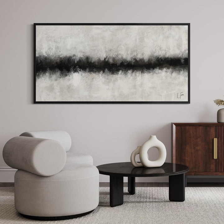 Elegant Minimalist Abstract Canvas Wall Art Styled With A Curved Cream Lounge Chair, Black Round Coffee Table, And Sculptural Ceramic Decor. Perfect For A Contemporary Living Room.