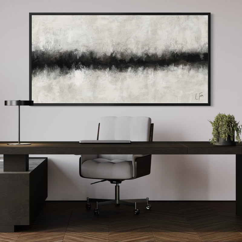 Elegant Minimalist Abstract Canvas Wall Art Styled With A Dark Wood Executive Desk, Grey Upholstered Office Chair, And Sleek Black Desk Lamp. Perfect For A Contemporary Home Office.