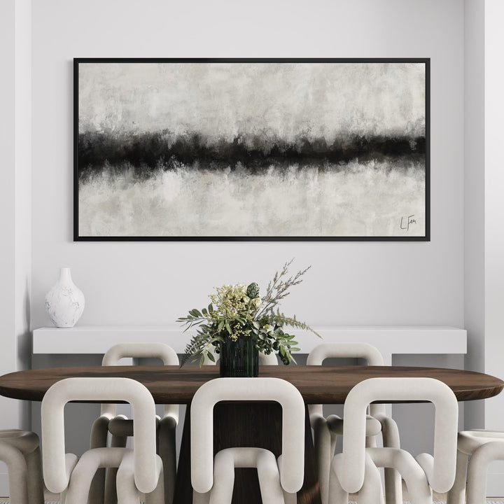 Elegant Minimalist Abstract Canvas Wall Art Styled With A Dark Wood Dining Table, Sculptural Cream Dining Chairs, And A Green Floral Centerpiece. Perfect For A Contemporary Dining Room.