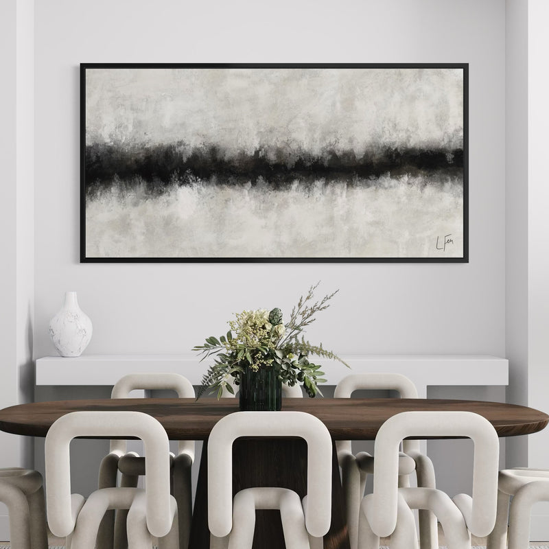 Elegant Minimalist Abstract Canvas Wall Art Styled With A Dark Wood Dining Table, Sculptural Cream Dining Chairs, And A Green Floral Centerpiece. Perfect For A Contemporary Dining Room.