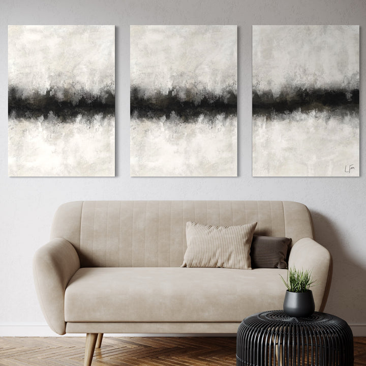 Minimalist Modern Home Decor Wall Art  Styled With A Modern Taupe Sofa, Neutral Accent Pillows, And A Black Woven Side Table. Perfect For A Minimalist Living Room.
