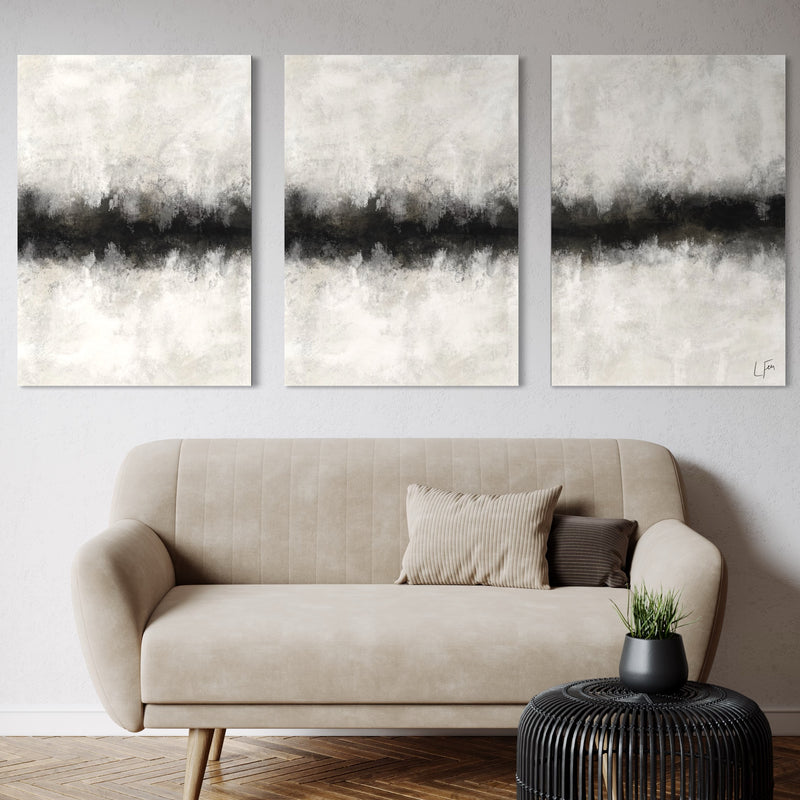 Minimalist Modern Home Decor Wall Art  Styled With A Modern Taupe Sofa, Neutral Accent Pillows, And A Black Woven Side Table. Perfect For A Minimalist Living Room.