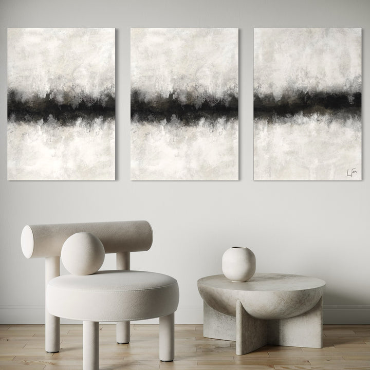 Minimalist Modern Home Decor Wall Art Styled With A Sculptural Cream Accent Chair And A Textured Stone Side Table. Perfect For A Minimalist Living Room.