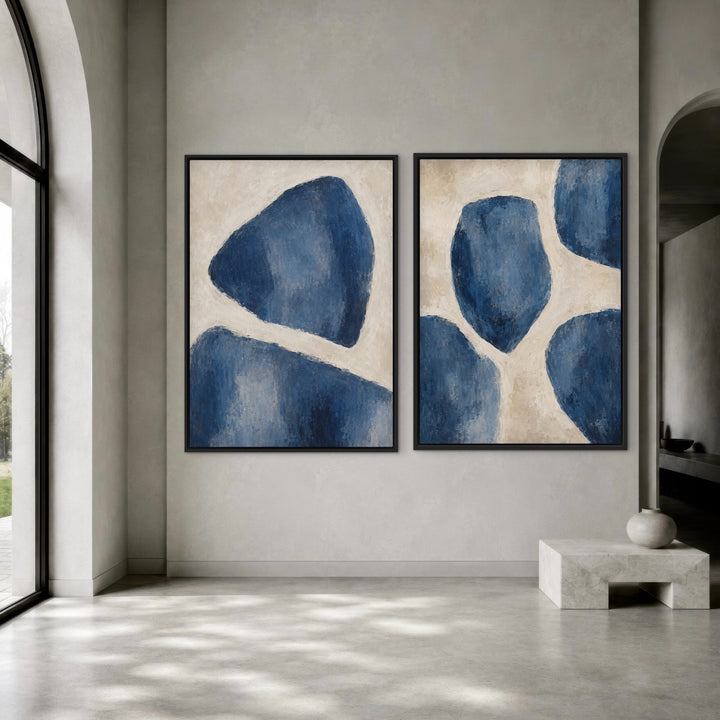 Bleu Forms set of two organic blue abstract framed canvases in a luxury arched interior