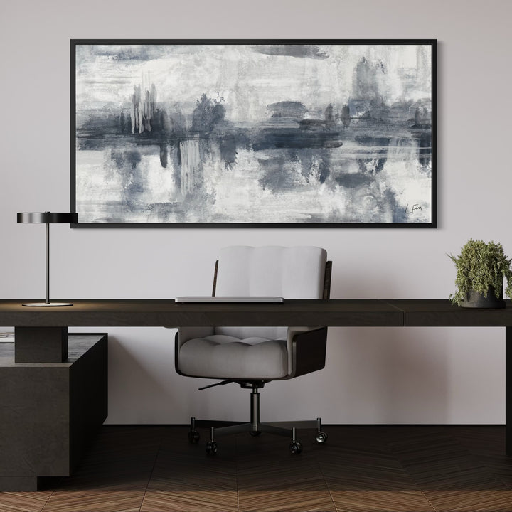 Modern Home Decor Style Wall Art Styled With A Dark Wood Executive Desk, Gray Upholstered Office Chair, Sleek Black Desk Lamp, And Green Potted Plant. Perfect For A Stylish Contemporary Home Office.