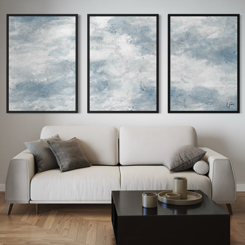 Modern Elegant Wall Art Styled With A Cream Contemporary Sofa, Soft Gray Throw Pillows, And A Sleek Black Coffee Table. Perfect For A Calm And Modern Living Room.