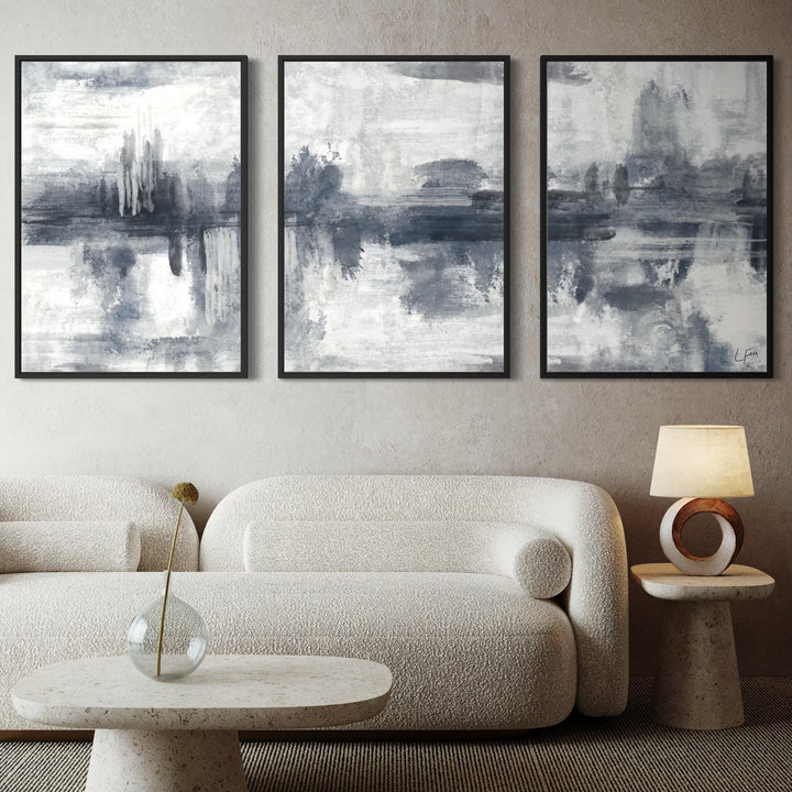 Modern Minimalist Style Wall Art Styled With A Cream Bouclé Sofa, Textured Stone Coffee Table, Sculptural Table Lamp, And Neutral Decor Accents. Perfect For A Serene Modern Living Room.