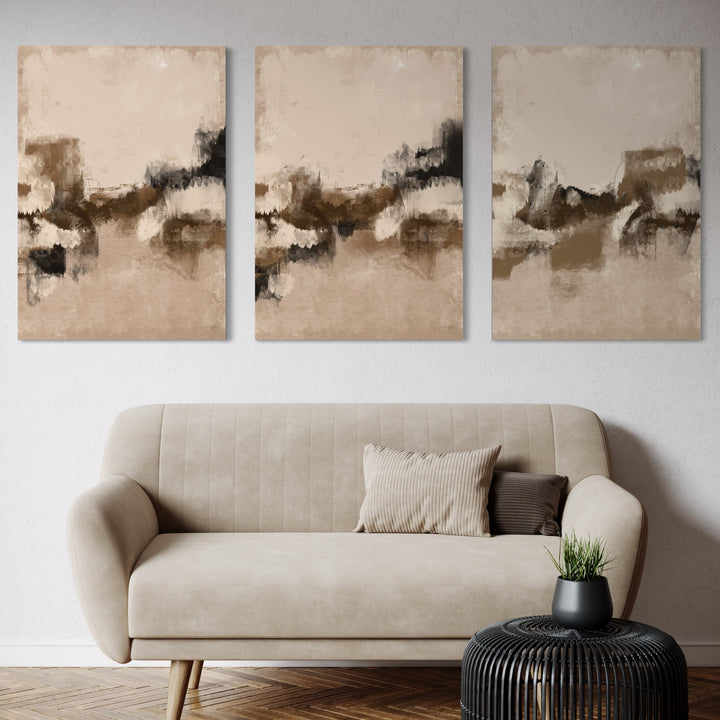 Minimalist Home Wall Art Decor Styled With A Modern Taupe Sofa, Neutral Accent Pillows, And A Black Woven Side Table. Perfect For A Minimalist Living Room.