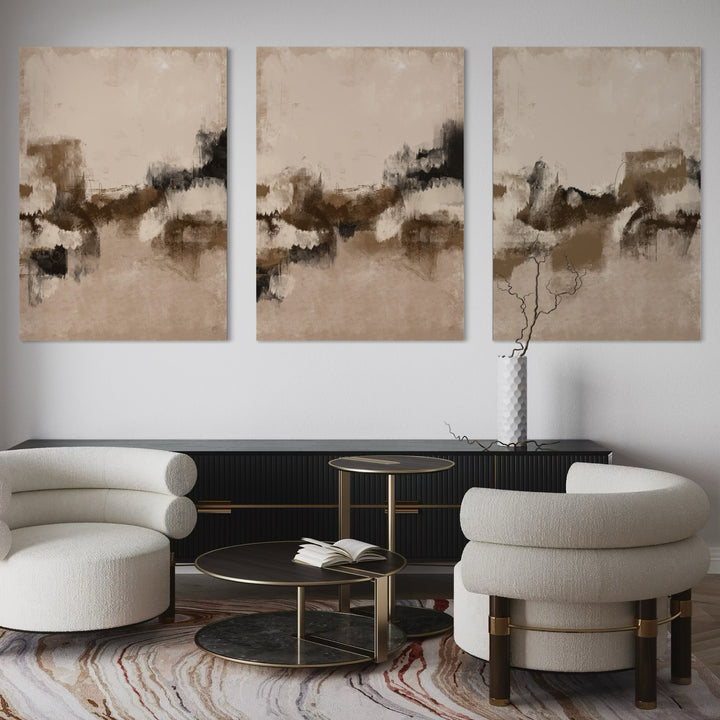 Minimalist Home Wall Art Decor Styled With Curved Cream Lounge Chairs, Black Console, And Marble Accent Tables. Perfect For A Modern Luxury Living Room.
