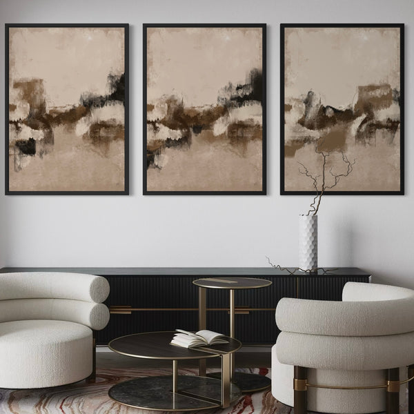 Modern Luxe Abstract Wall Art Styled With Cream Curved Lounge Chairs, Black And Gold Nesting Tables, And A Textured Vase On A Sleek Black Sideboard. Perfect For A Contemporary Living Room.