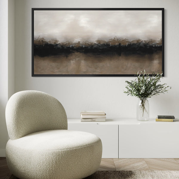 Modern Minimal Abstract Wall Art Styled With A Cream Bouclé Accent Chair, White Minimal Console, And Soft Neutral Decor. Perfect For A Calming Contemporary Living Room.