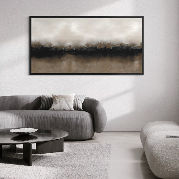 Modern Minimal Abstract Wall Art Styled With Grey Curved Sofas, A Textured Neutral Rug, And A Sleek Black Coffee Table. Perfect For A Calming Contemporary Living Room.