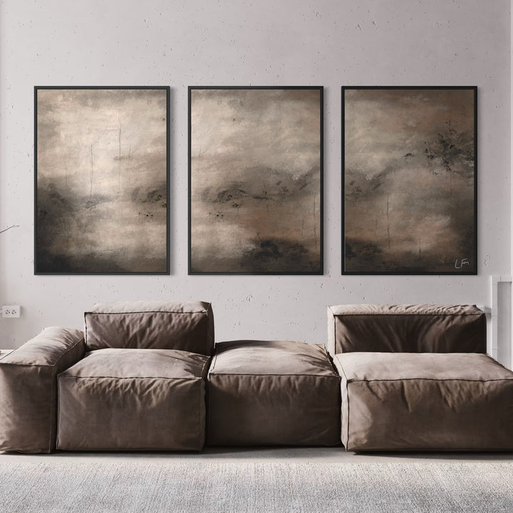 Modern Minimalist Abstract Wall Art Styled With A Deep Brown Modular Lounge Sofa And A Soft Neutral Area Rug. Perfect For A Contemporary Living Room.