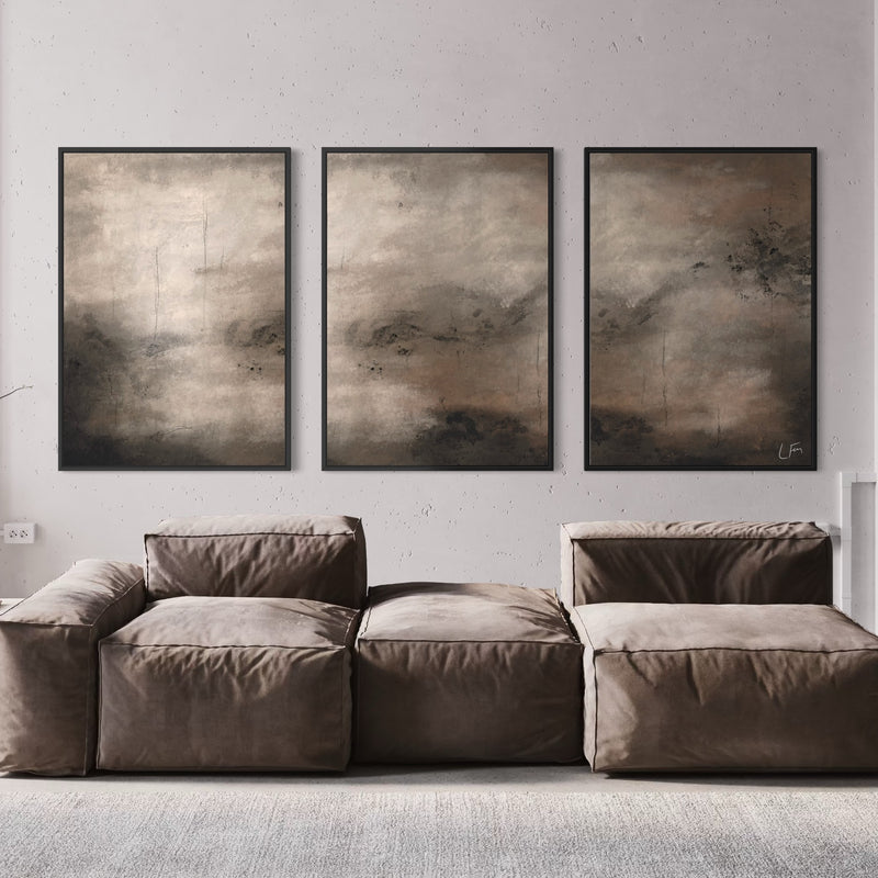Modern Minimalist Abstract Wall Art Styled With A Deep Brown Modular Lounge Sofa And A Soft Neutral Area Rug. Perfect For A Contemporary Living Room.