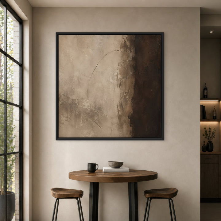 Cacao Divide brown abstract framed canvas by bistro table, black frame