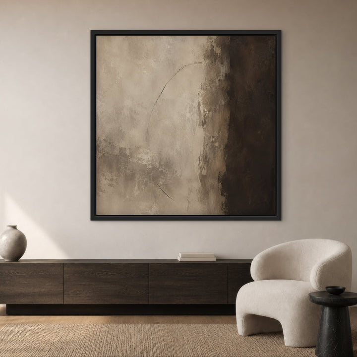Cacao Divide square brown and beige abstract framed canvas in cream lounge, black frame