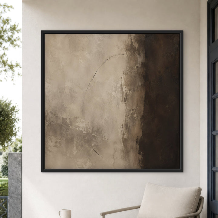 Cacao Divide brown abstract framed canvas in lounge, black frame
