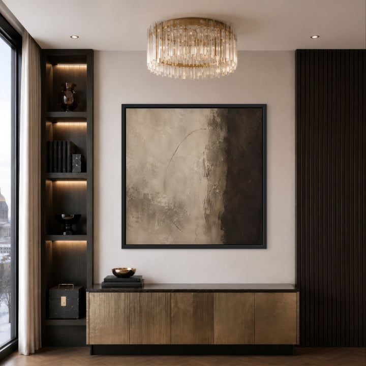 Cacao Divide brown abstract framed canvas in luxury lounge, black frame