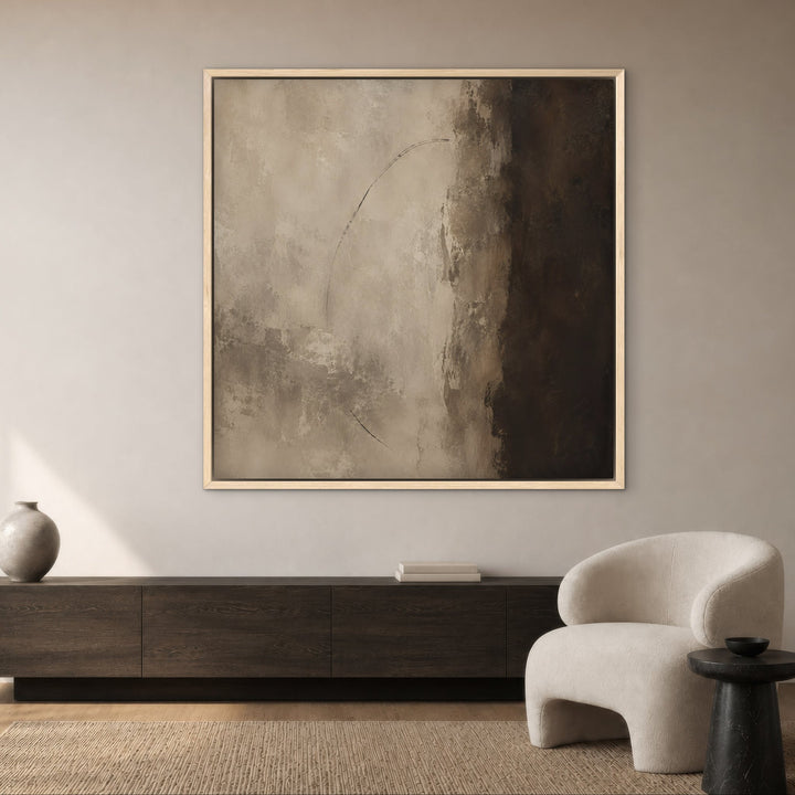 Cacao Divide brown abstract framed canvas, natural frame, front view