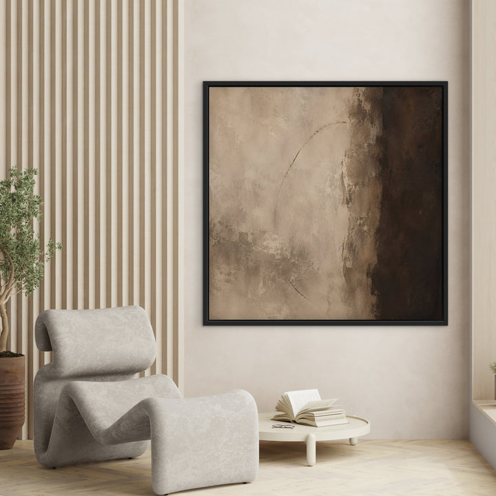 Cacao Divide brown abstract framed canvas by slatted wall, black frame
