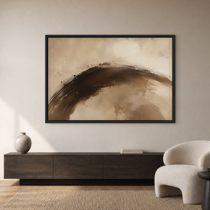 Cacao Gesture brown brushstroke framed canvas above console, black frame