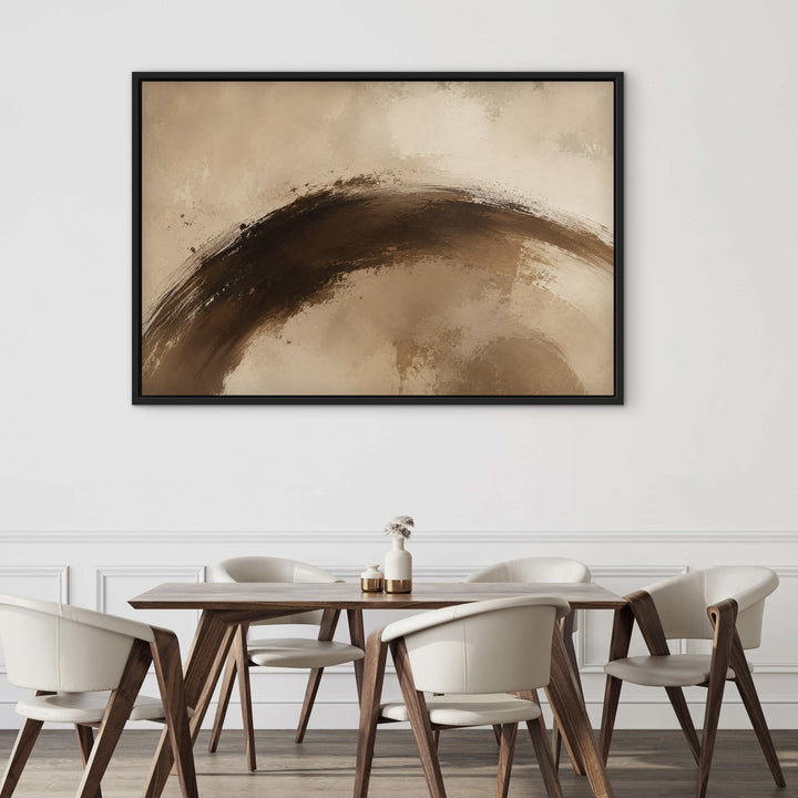 Cacao Gesture brown brushstroke framed canvas in dining room, black frame