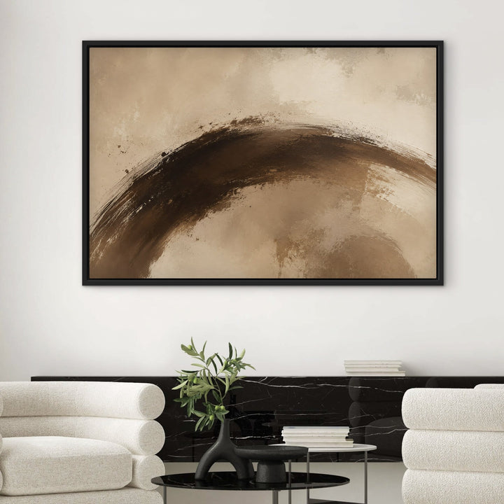 Cacao Gesture brown brushstroke framed canvas above marble console, black frame