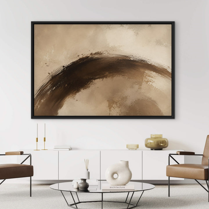 Cacao Gesture brown brushstroke framed canvas above white sideboard, black frame