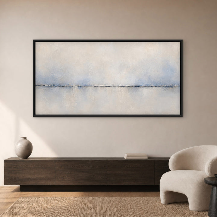 Calma Horizon panoramic blue abstract framed canvas in an arched luxury room