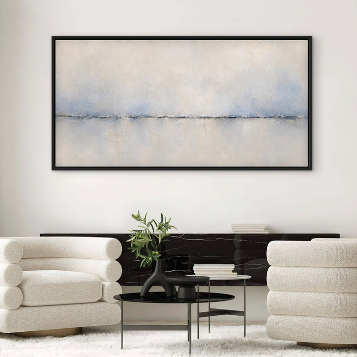 Calma Horizon panoramic blue abstract framed canvas in a sculptural luxury interior