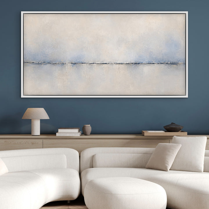 Calma Horizon panoramic blue abstract canvas in a white floating frame