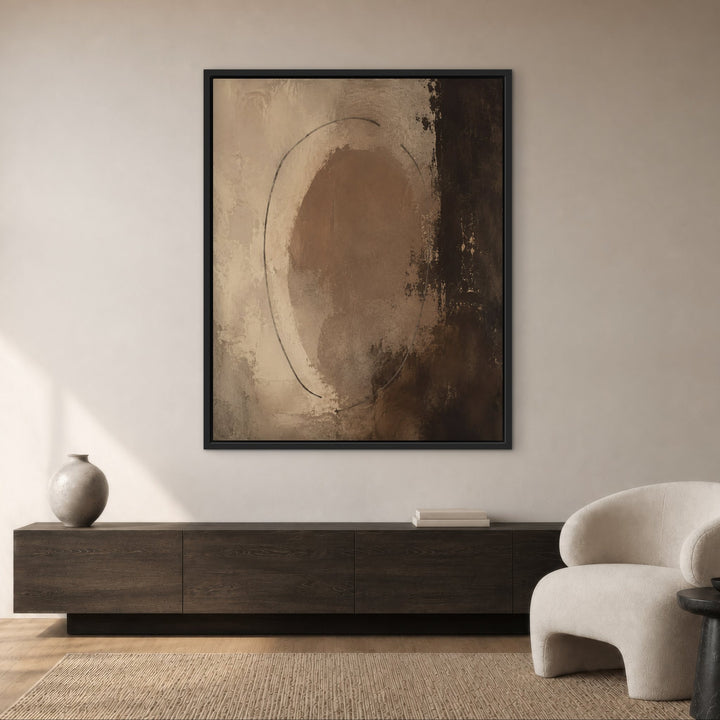 Chocolate Orbit brown abstract framed canvas in cream lounge, black frame