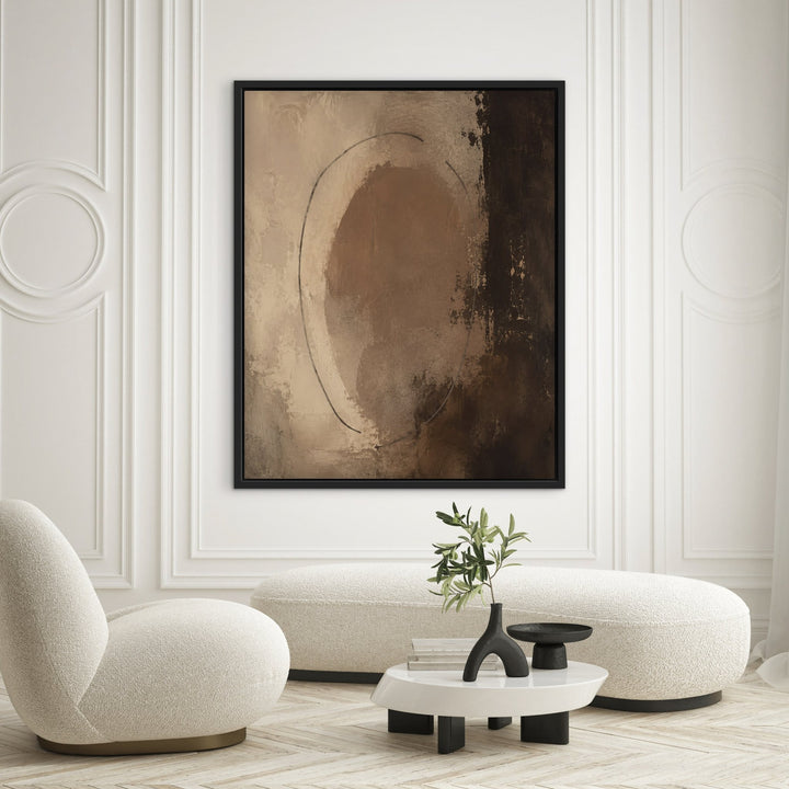 Chocolate Orbit brown abstract framed canvas in panelled room, black frame