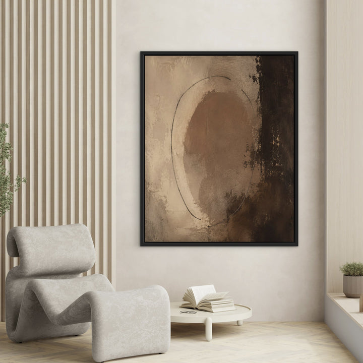 Chocolate Orbit brown abstract framed canvas by slatted wall, black frame