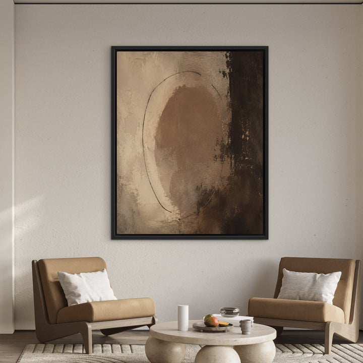 Chocolate Orbit brown abstract framed canvas with tan chairs, black frame