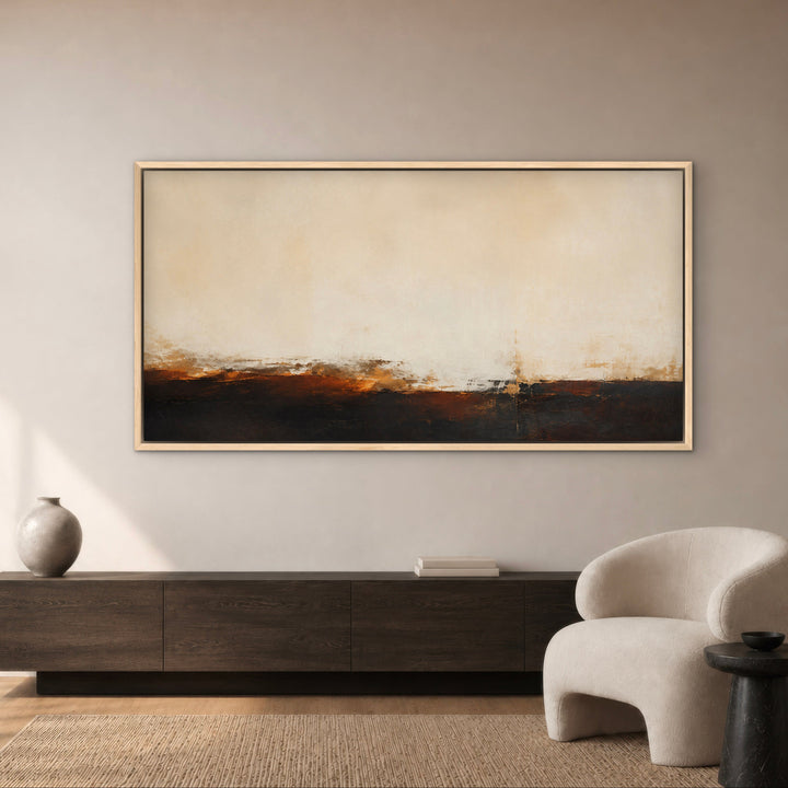 Cinderline panoramic abstract canvas above a contemporary sideboard