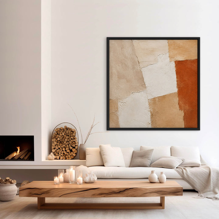 Clay Mosaic neutral textured abstract canvas above a modern console