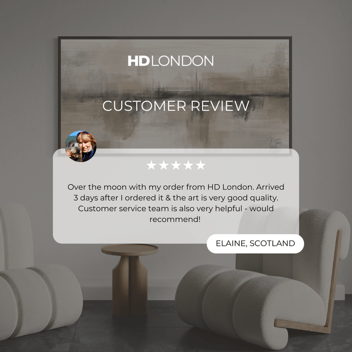 Client Review For Modern Home Decor Style Wall Art Styled With Curved Cream Bouclé Lounge Chairs, A Sculptural Wood Side Table, And Sleek Stone Flooring. Perfect For A Sophisticated Contemporary Living Space.