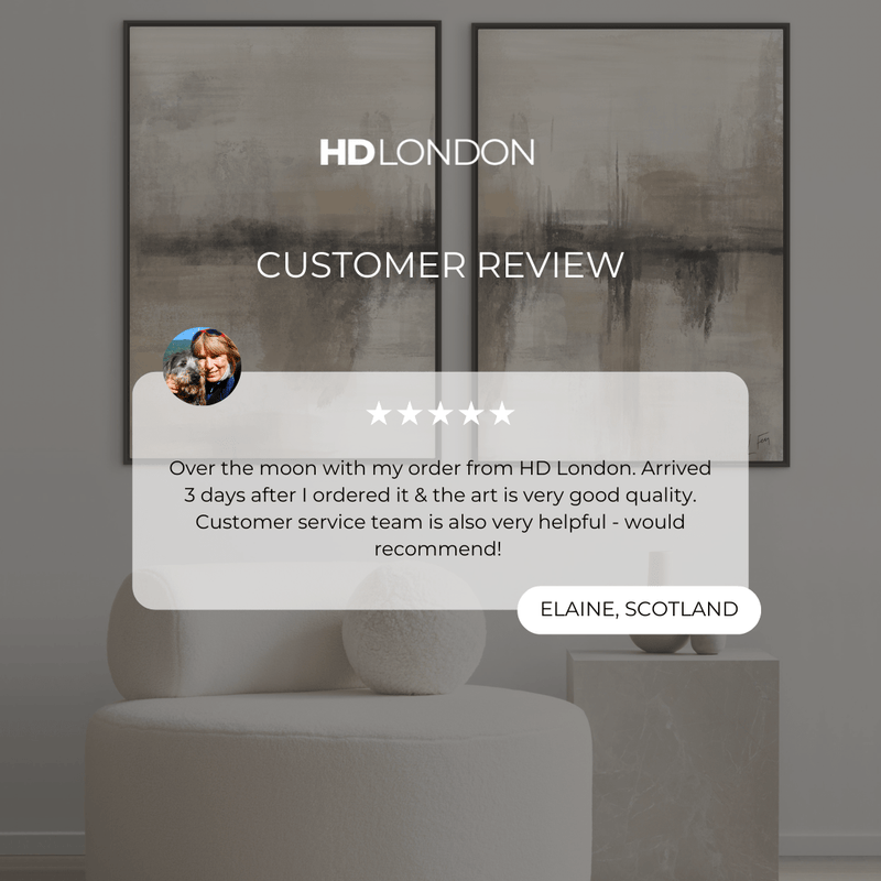 Client Review For Modern Minimalist Wall Art Style Styled With A Cream Bouclé Lounge Chair, Round Textured Pillow, And A Marble Pedestal With Ceramic Vases. Perfect For A Calm Contemporary Living Room.