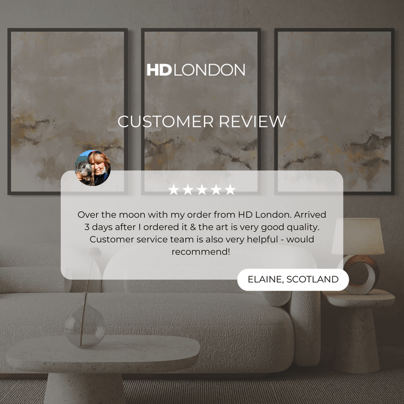 Client Review For Calming Neutral Abstract Wall Art Styled With A Curved Cream Bouclé Sofa, Textured Stone Coffee Table, And Sculptural Table Lamp. Perfect For A Cozy Contemporary Living Room.