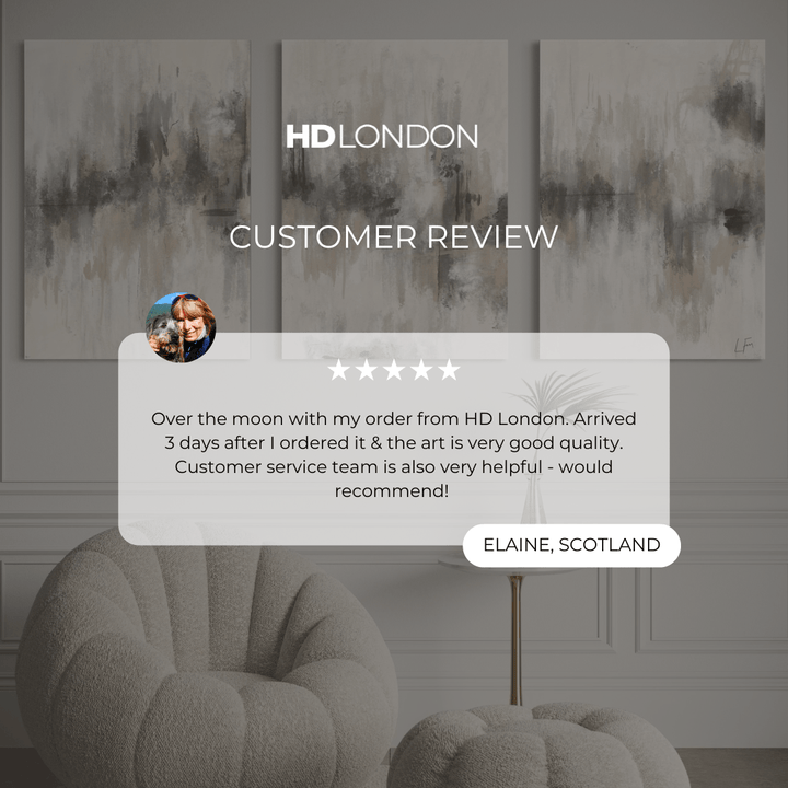 Client Review For Abstract Art Canvas Home Wall Decor Styled With Curved Bouclé Chairs And A Modern Marble Accent Table. Perfect For A Serene Contemporary Living Room.