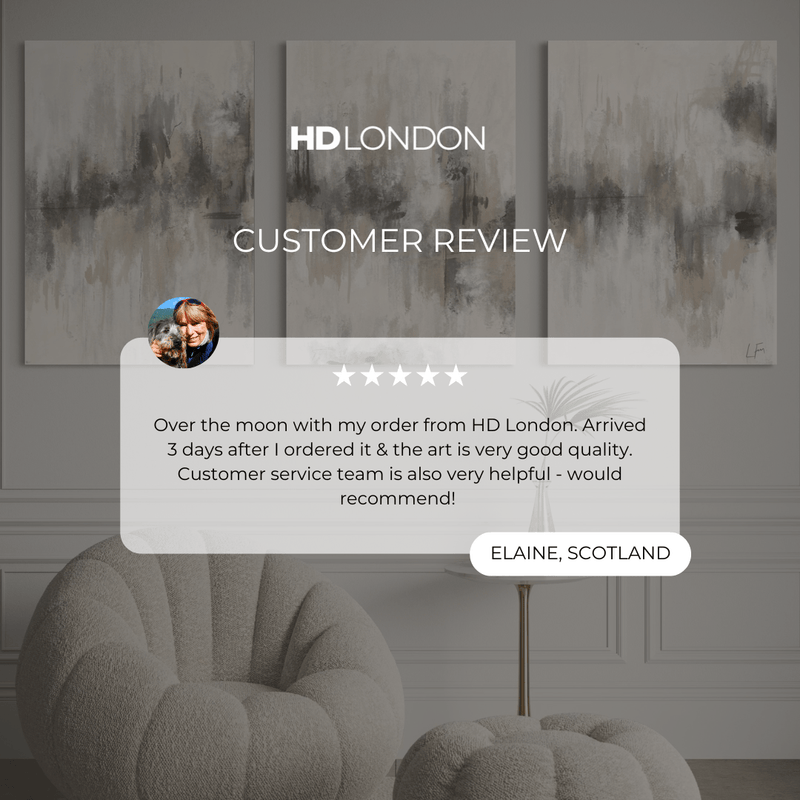 Client Review For Abstract Art Canvas Home Wall Decor Styled With Curved Bouclé Chairs And A Modern Marble Accent Table. Perfect For A Serene Contemporary Living Room.