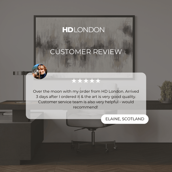 Client Review For Neutral Luxe Abstract Wall Decor Styled With A Dark Wood Executive Desk, Grey Upholstered Office Chair, And Sleek Black Desk Lamp. Perfect For A Contemporary Home Office.