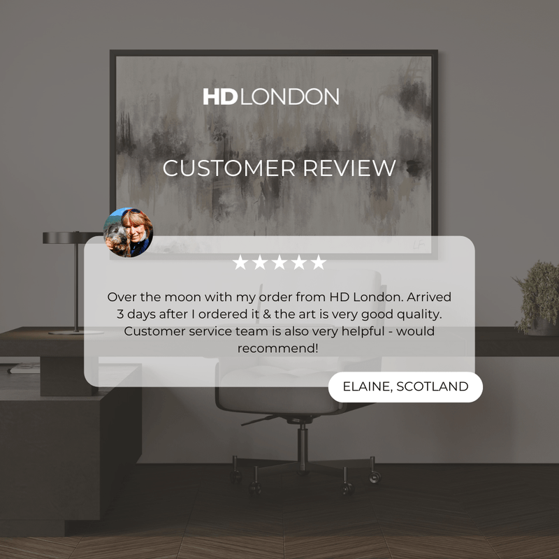 Client Review For Neutral Luxe Abstract Wall Decor Styled With A Dark Wood Executive Desk, Grey Upholstered Office Chair, And Sleek Black Desk Lamp. Perfect For A Contemporary Home Office.